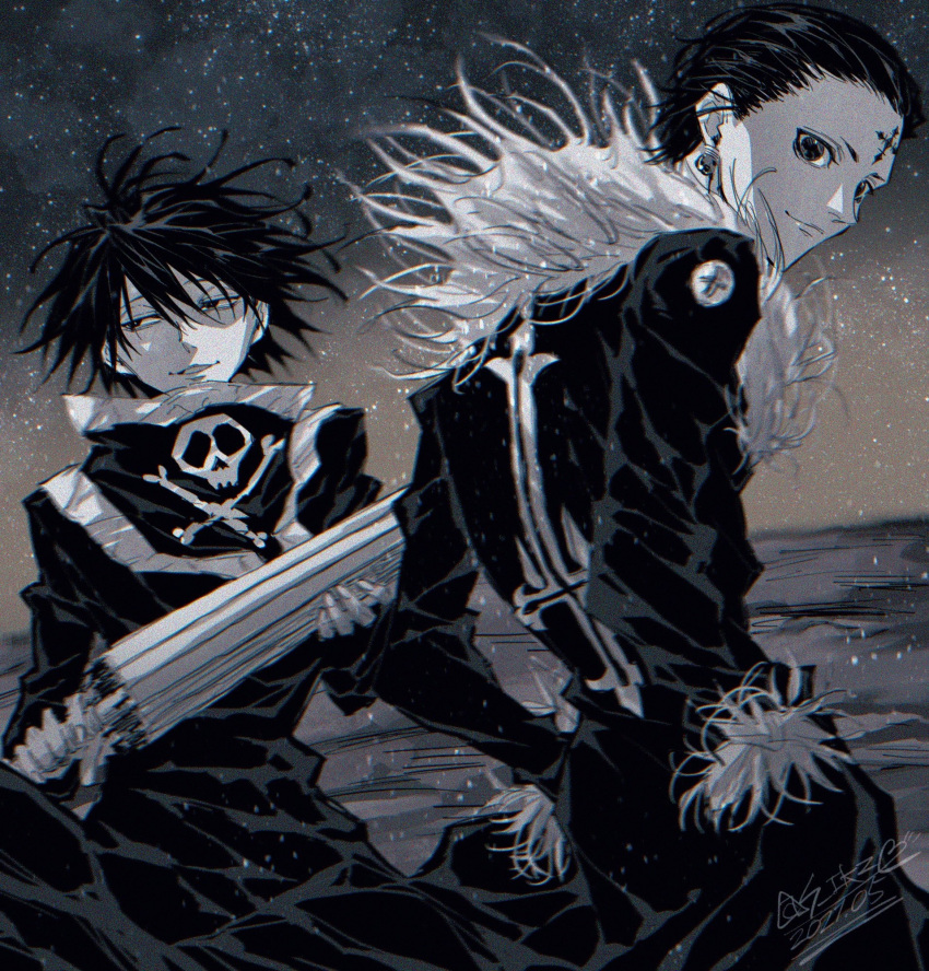 2boys bangs chrollo_lucilfer closed_mouth closed_umbrella coat cowboy_shot cross cross_print cross_tattoo dated earrings facial_mark feitan floating_hair forehead_mark forehead_tattoo fur-trimmed_coat fur-trimmed_sleeves fur_trim gradient_sky hair_slicked_back hands_on_hips hands_up highres holding holding_umbrella hunter_x_hunter inverted_cross jewelry kana129 long_sleeves looking_at_viewer looking_away looking_to_the_side male_focus monochrome multiple_boys night night_sky robe short_hair sideways_glance signature skull_and_crossbones sky star_(sky) starry_sky turtleneck umbrella