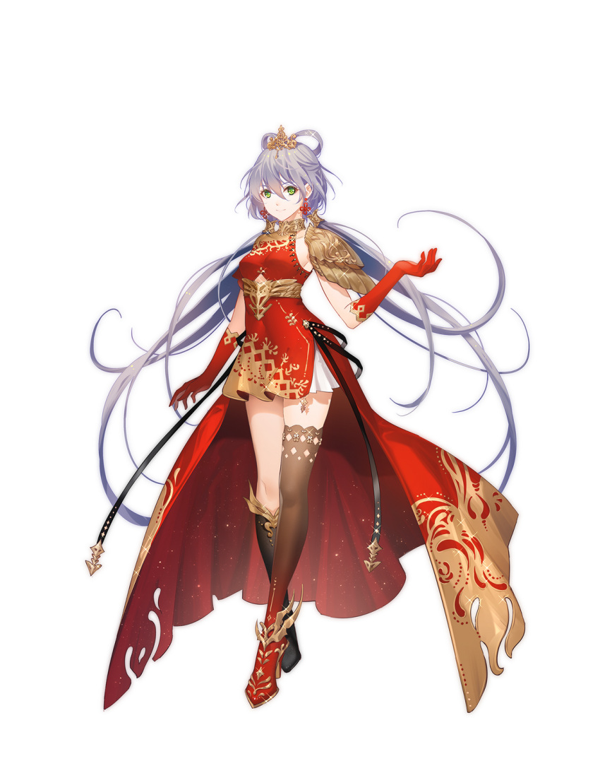1girl armor breasts brown_socks crown dress elbow_gloves floating_hair full_body gloves gold_armor green_eyes grey_hair hair_rings hand_up highres kneehighs light_particles light_smile long_hair looking_at_viewer luo_tianyi official_art platform_footwear platform_heels pose red_dress red_footwear red_gloves shoulder_armor simple_background single_kneehigh single_sock single_thighhigh socks solo sparkle standing thigh-highs tidsean two-tone_dress vocaloid vsinger white_background yellow_dress zettai_ryouiki