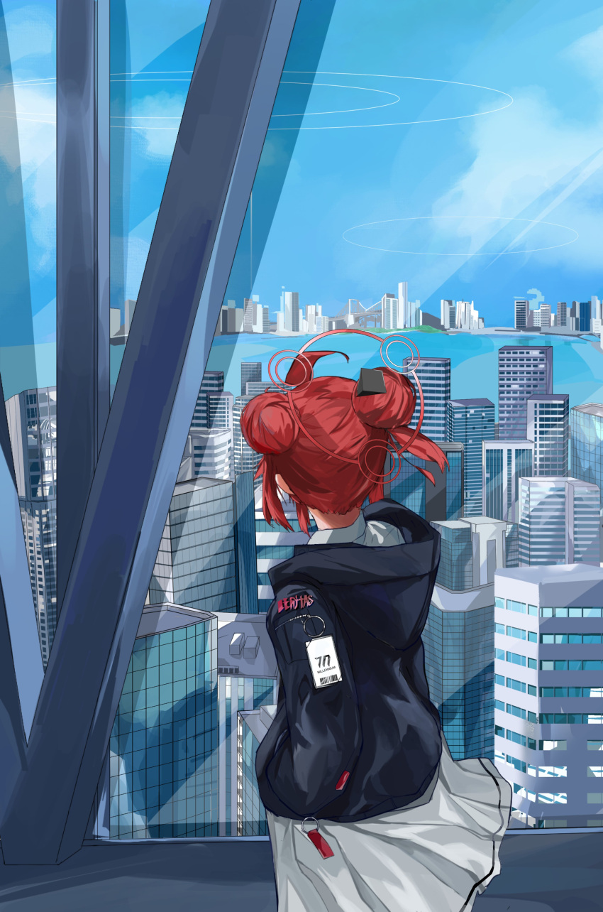 1girl absurdres ahoge back bekusi3250 blue_archive blue_sky building city cityscape clouds day double_bun hair_bun halo hand_in_pocket highres hood hood_down hooded_jacket id_card indoors jacket long_sleeves looking_afar maki_(blue_archive) outdoors pleated_skirt redhead scenery shirt short_hair sidelocks skirt sky skyscraper solo standing white_shirt white_skirt window