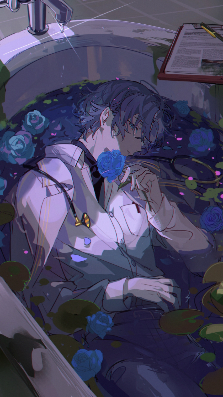 1boy absurdres bathtub bishounen blue_eyes blue_flower blue_hair blue_rose clipboard doctor figaro_garcia flower flower_on_liquid from_side highres holding holding_flower jacket jacket_on_shoulders kanose labcoat looking_at_viewer lying mahoutsukai_no_yakusoku male_focus partially_underwater_shot profile rose shirt short_hair sleeve_cuffs solo stethoscope