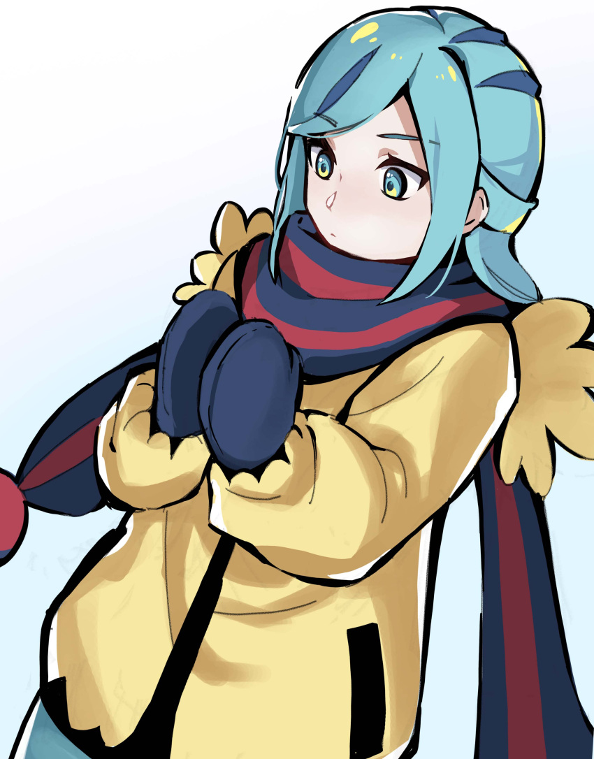 1boy absurdres black_mittens closed_mouth coat commentary_request f.c_(2017181561) green_eyes green_hair green_pants grusha_(pokemon) hands_up highres long_hair long_sleeves male_focus mittens pants pokemon pokemon_(game) pokemon_sv red_scarf scarf sidelocks simple_background solo white_background yellow_coat