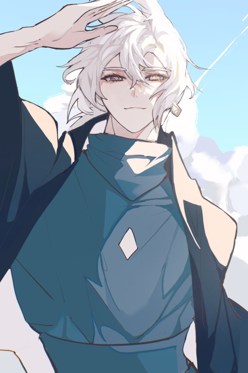 1boy absurdres bai_xiao bishounen cape doupichipizi earrings grey_hair hair_between_eyes highres jewelry light_smile looking_at_viewer male_focus pointy_hair ponytail sky:_children_of_the_light solo sunlight upper_body white_hair