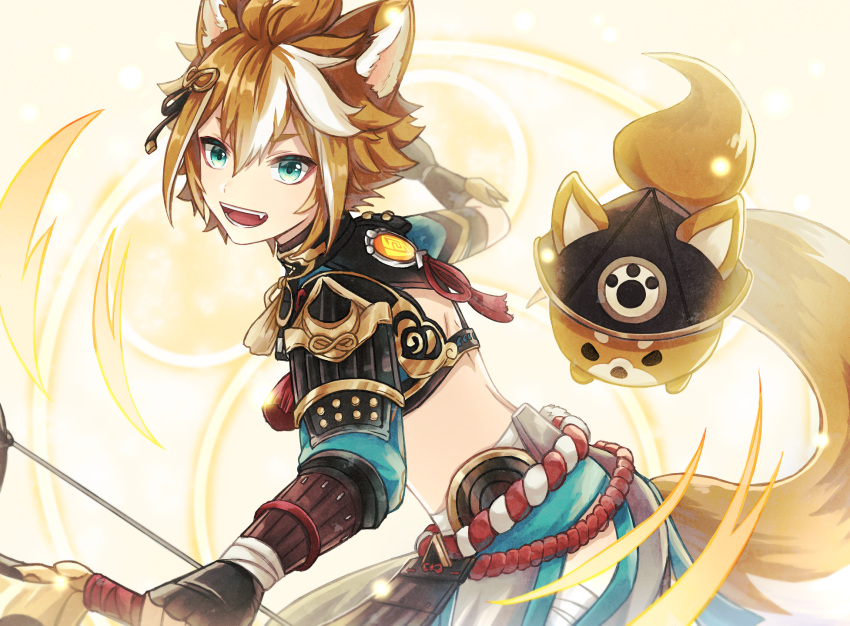 1boy :d animal_ears aqua_eyes arm_guards armor asymmetrical_sleeves bandaged_arm bandages bangs belt black_collar black_gloves bow_(weapon) brown_background brown_hair collar commentary crop_top dog dog_boy dog_ears dog_tail fang fingerless_gloves genshin_impact gloves gold_trim gorou_(genshin_impact) grey_pants hair_between_eyes hair_ornament highres holding holding_bow_(weapon) holding_weapon igote japanese_armor japanese_clothes looking_at_viewer looking_to_the_side male_focus multicolored_hair open_mouth pants red_ribbon ribbon rope short_hair shoulder_armor sidelocks smile solo standing streaked_hair su34ma tail tassel teeth thick_eyebrows two-tone_hair vision_(genshin_impact) weapon white_hair