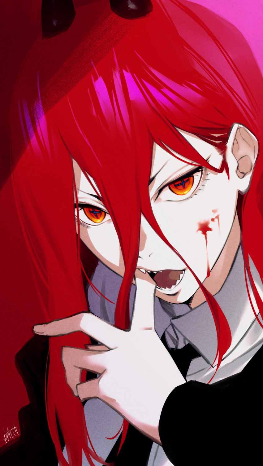 1girl blood blood_on_face blue_pupils chainsaw_man cross-shaped_pupils eyelashes finger_in_own_mouth fingernails hair_between_eyes highres horns long_eyelashes long_hair necktie omagacchu open_mouth orange_eyes pink_background power_(chainsaw_man) red_background red_theme redhead sharp_teeth signature simple_background solo teeth tongue two-tone_background
