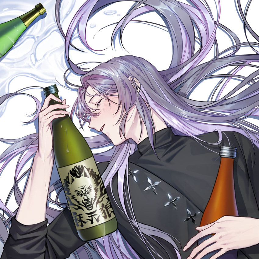 1boy alcohol bottle closed_eyes clothing_request fishfall grey_hair highres hypnosis_mic jinguuji_jakurai long_hair lying male_focus on_back solo spill upper_body very_long_hair wine_bottle