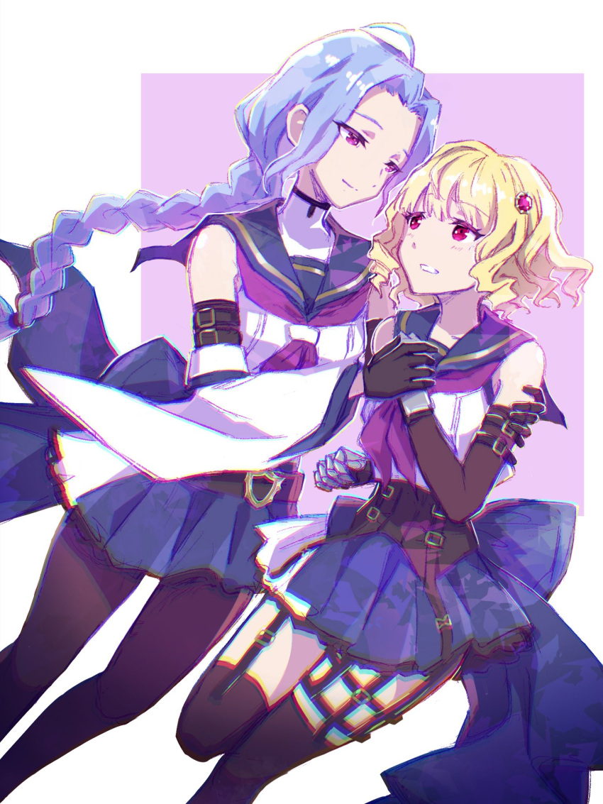 2girls ahoge arm_around_shoulder arm_belt assault_lily back_bow bangs bare_shoulders belt belt_buckle black_belt black_gloves black_pantyhose black_thighhighs blonde_hair blue_hair blue_sailor_collar blue_skirt bow braid braided_ponytail buckle chromatic_aberration closed_mouth commentary_request corset crop_top detached_sleeves drill_hair dutch_angle eye_contact feet_out_of_frame floating_hair gauntlets gloves hair_ornament hand_on_another's_arm hand_on_own_chest hand_up highres holding_hands igusa_subaru imamura_yukari_(assault_lily) leg_up light_blush long_hair long_sleeves looking_at_another miniskirt multiple_girls neckerchief nekomint pantyhose parted_bangs parted_lips pleated_skirt purple_background purple_neckerchief red_eyes sailor_collar school_uniform serafuku shirt short_hair side-by-side single_braid skirt sleeveless sleeveless_shirt smile standing standing_on_one_leg thigh-highs thigh_belt thigh_strap twin_drills two-tone_background very_long_hair violet_eyes waist_cape white_background white_shirt wide_sleeves yuri