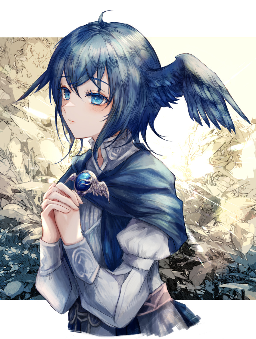 1girl absurdres ahoge bangs bird_wings blue_capelet blue_eyes blue_gemstone blue_hair brooch capelet colored_eyelashes commentary cropped_torso crossed_bangs expressionless feathered_wings final_fantasy final_fantasy_xiv from_side gem grass hands_up head_wings high_collar highres interlocked_fingers jewelry leaf long_sleeves looking_ahead maho_moco meteion own_hands_clasped own_hands_together puffy_long_sleeves puffy_sleeves sash short_hair solo upper_body wings