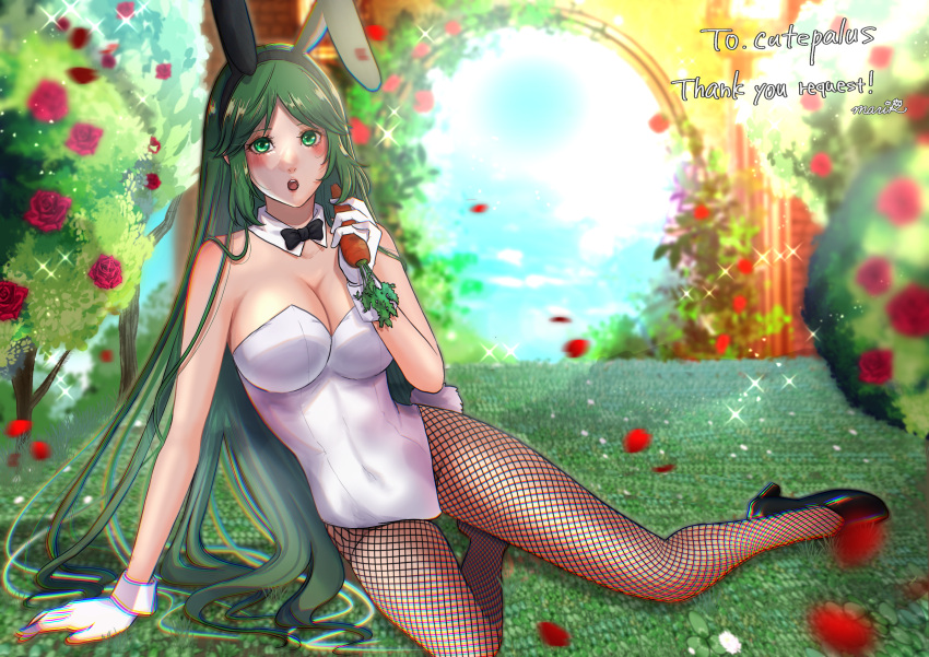1girl :o arm_support artist_signature bare_shoulders black_bowtie bunny_tail bunnysuit carrot cleavage commissioner_upload covered_navel detached_collar eva02asuka0608 eva02marina0 falling_petals female_solo fishnet_pantyhose green_eyes green_hair high_heels kid_icarus large_breasts legs looking_at_viewer matching_hair/eyes on_side outdoors palutena parted_bangs playboy_bunny rabbit_ears skeb_commission solo solo_female strapless_leotard very_long_hair white_gloves white_leotard