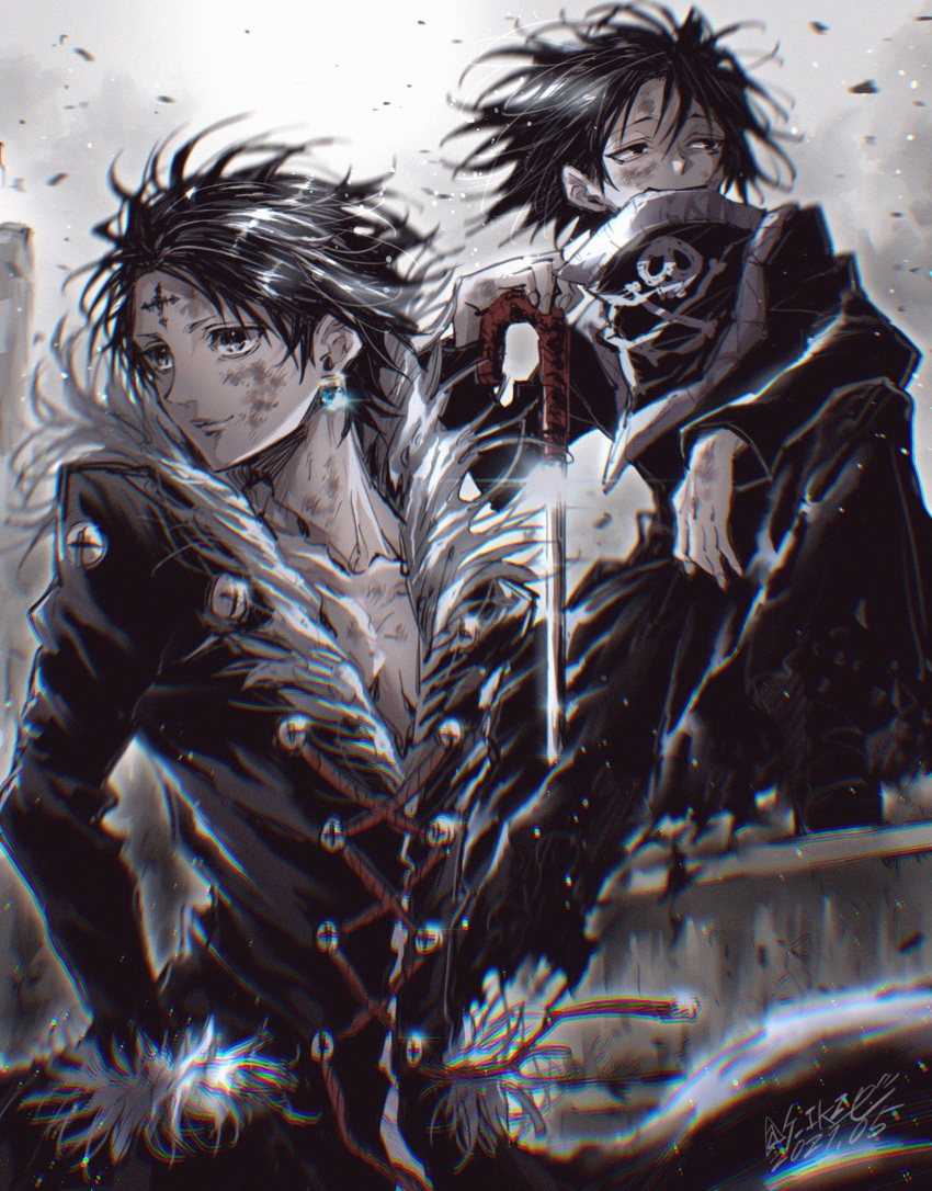 2boys bangs black_coat black_footwear black_hair black_robe boots bruise bruise_on_face chrollo_lucilfer coat collarbone covered_mouth cross-laced_clothes cross_tattoo dirty dirty_face earrings facial_mark feitan floating_hair forehead_mark forehead_tattoo fur-trimmed_coat fur-trimmed_sleeves fur_trim glint hand_on_hilt highres hunter_x_hunter injury jewelry kana129 light_particles long_sleeves male_focus multiple_boys overcast planted planted_sword robe shards short_hair skull_and_crossbones smile squatting sword weapon wind