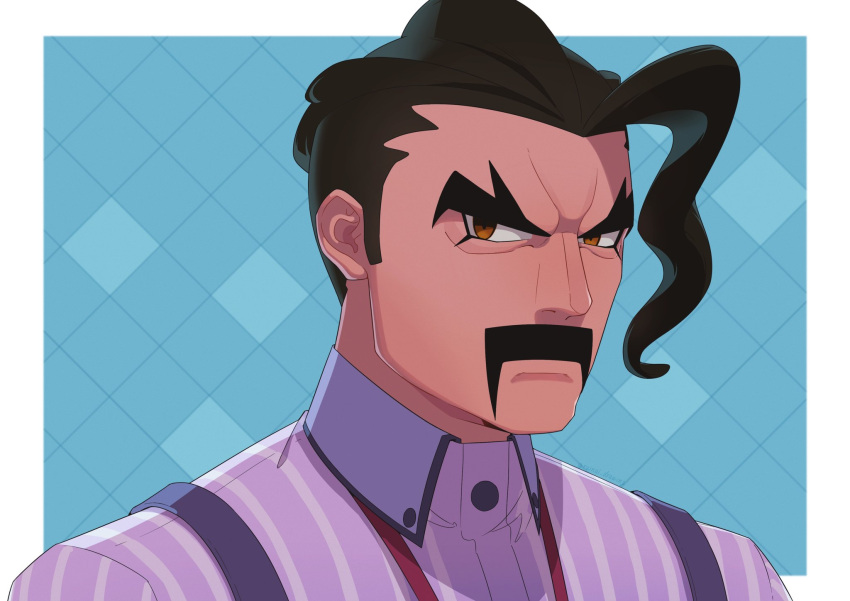 1boy aqua_background black_hair border brown_eyes buttons character_request closed_mouth collared_shirt commentary_request facial_hair highres looking_at_viewer male_focus mustache pokemon pokemon_(game) pokemon_sv portrait purple_shirt ruinai shirt short_hair solo suspenders white_border