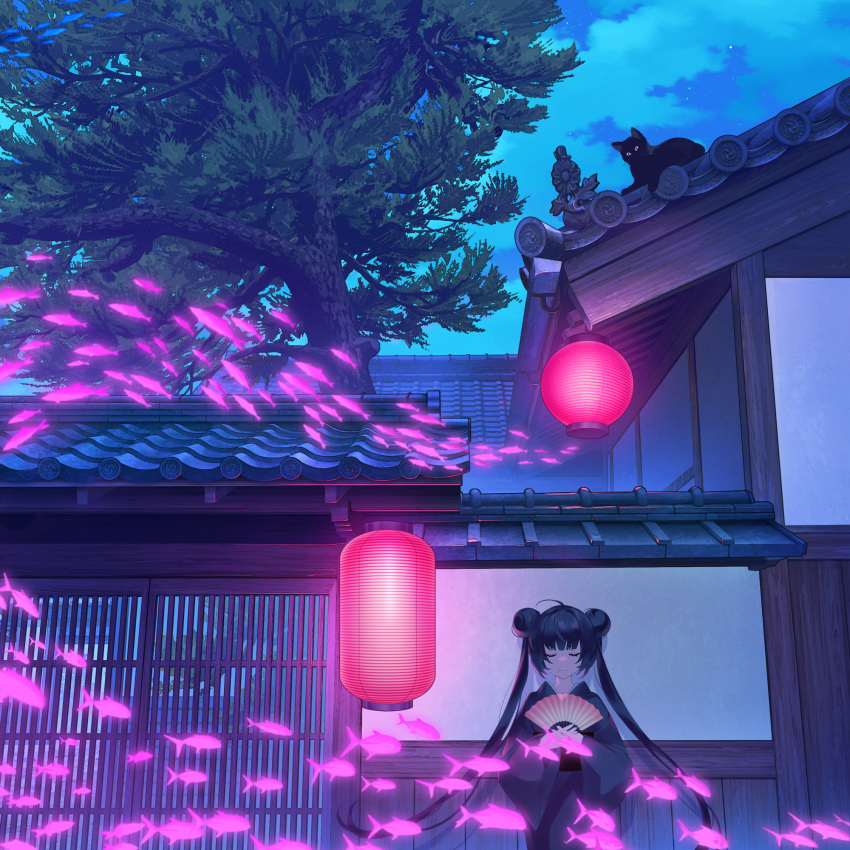 1girl architecture black_cat black_hair black_kimono cat closed_eyes clouds commentary double_bun east_asian_architecture english_commentary fantasy fish flying_fish hair_bun hand_fan highres holding holding_fan japanese_clothes kemme_dreame kimono lantern long_hair night night_sky original outdoors scenery sky solo tile_roof tree twintails