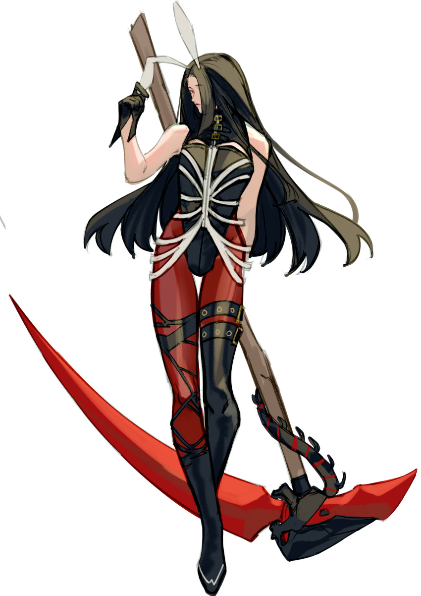 1other absurdres androgynous animal_ears bare_shoulders black_hair boots bow detached_collar fake_animal_ears fingerless_gloves gloves guilty_gear guilty_gear_strive highres leotard long_hair looking_at_viewer pantyhose playboy_bunny rabbit_ears red_eyes scythe skull solo testament_(guilty_gear) vendobear weapon wrist_cuffs