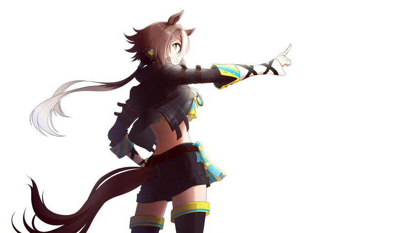 1girl :d absurdres animal_ears bangs black_footwear black_shorts boots brown_hair grin hair_over_one_eye highres horse_ears horse_girl horse_tail long_hair long_sleeves looking_at_viewer looking_back midriff ponytail shirt shorts simple_background smile solo sou177 stopwatch_around_neck tail teeth thigh_boots umamusume vodka_(umamusume) white_background yellow_eyes yellow_shirt