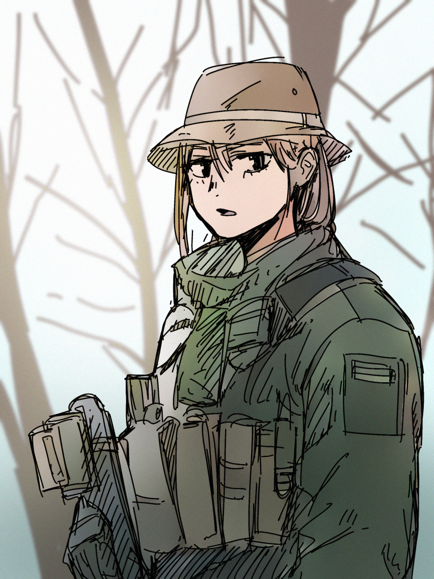 1girl bangs bare_tree brown_hair brown_headwear copyright_request day gloves green_jacket grey_gloves hair_between_eyes hat highres jacket looking_at_viewer outdoors parted_lips sharpy_(kdy000913) sketch solo tree