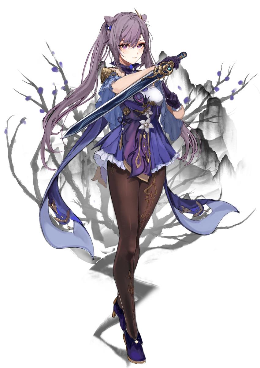 1girl absurdres bangs blush bow brown_pantyhose cone_hair_bun double_bun flower frilled_skirt frilled_sleeves frills full_body genshin_impact gloves hair_bow hair_bun hair_ornament high_heels highres holding holding_sword holding_weapon keqing_(genshin_impact) kuji-in legs long_hair maria_(syake-uni) pantyhose purple_footwear purple_gloves purple_hair purple_skirt reverse_grip shirt short_sleeves simple_background skirt solo standing standing_on_one_leg swept_bangs sword twintails violet_eyes weapon white_background white_flower white_shirt wide_sleeves