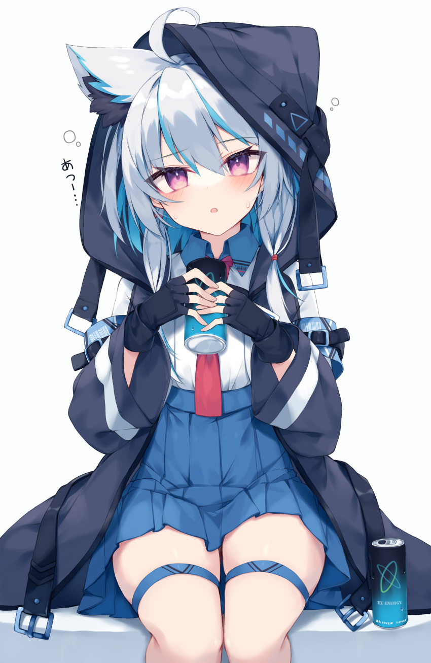 1girl absurdres ahoge animal_ear_fluff animal_ears bangs black_gloves black_jacket blue_hair blue_skirt blush can collared_shirt commentary_request feet_out_of_frame fingerless_gloves gloves grey_hair hair_between_eyes highres holding holding_can hood hood_up hooded_jacket jacket long_hair long_sleeves multicolored_hair necktie nibiiro_shizuka open_clothes open_jacket original parted_lips pleated_skirt red_necktie shirt simple_background sitting skirt solo streaked_hair sweat translated two-tone_hair violet_eyes white_background white_shirt wide_sleeves
