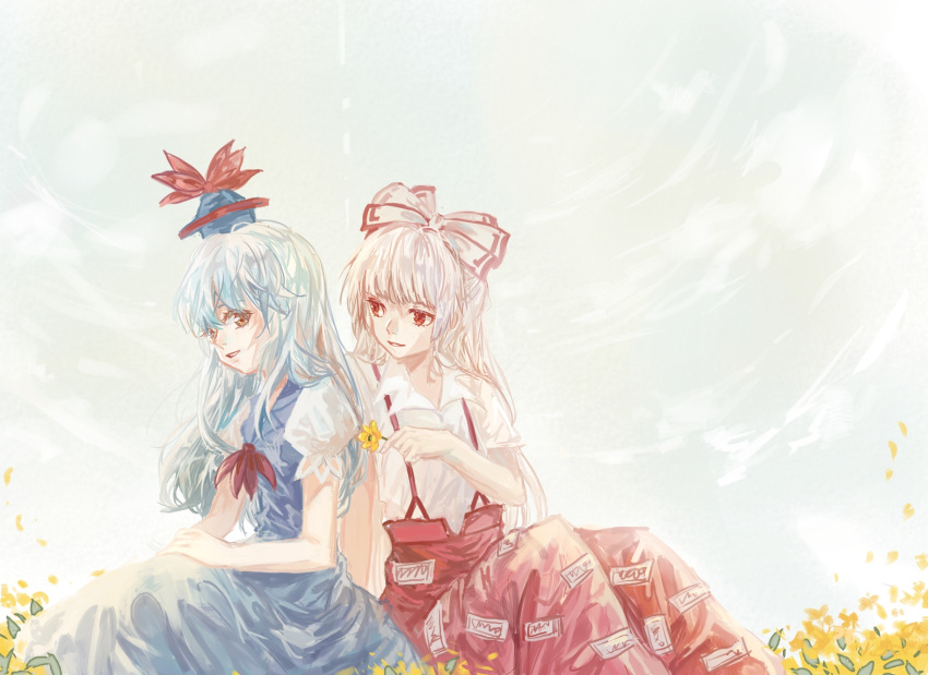 2girls back-to-back blue_dress blue_hair blue_headwear bow chong_tazi collared_shirt dress flower fujiwara_no_mokou giving grass hair_bow hat highres holding holding_flower kamishirasawa_keine long_hair looking_at_another multiple_girls neckerchief ofuda ofuda_on_clothes on_ground pants parted_lips puffy_short_sleeves puffy_sleeves red_eyes red_neckerchief red_pants shirt short_sleeves sitting smile suspenders tokin_hat touhou white_bow white_hair white_shirt yellow_flower
