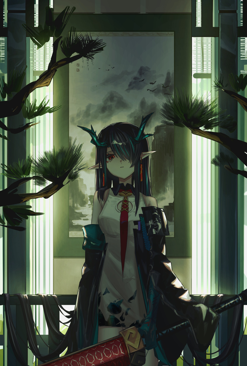 1girl absurdly_long_hair arknights bare_shoulders black_jacket blue_hair branch china_dress chinese_clothes collared_dress commentary cowboy_shot dragon_horns dress dusk_(arknights) earrings hair_over_one_eye hair_over_shoulder highres holding holding_sword holding_weapon horns jacket jewelry long_hair looking_at_viewer multicolored_hair necktie off_shoulder open_clothes open_jacket pointy_ears red_eyes red_necktie scroll senakira sleeveless sleeveless_dress solo streaked_hair sword two-tone_hair very_long_hair weapon