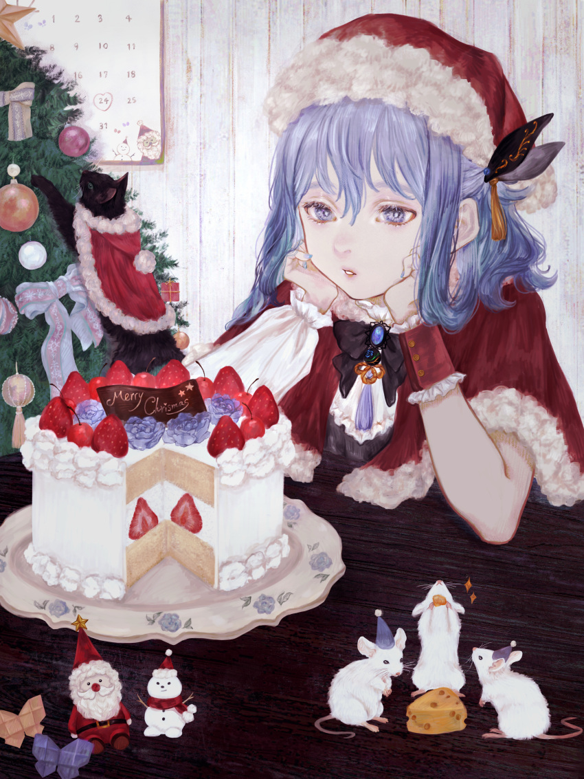 1girl absurdres black_bow black_cat blue_nails bow cake calendar_(object) cat cheese christmas_ornaments christmas_tree ciel_(kamitsubaki_studio) elbows_on_table food fruit grey_eyes grey_hair hair_ornament hand_on_own_cheek hand_on_own_face hat highres indoors kamitsubaki_studio merry_christmas mouse plate red_headwear santa_hat shirone_(coxo_ii) strawberry tree