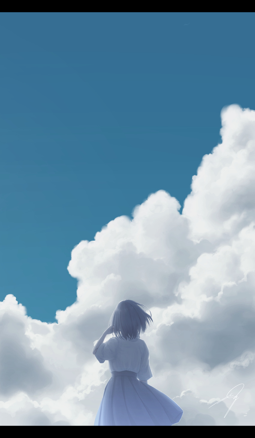 1girl absurdres black_hair blue_sky clouds commentary_request cumulonimbus_cloud from_behind grey_skirt highres letterboxed nengoro original scenery shirt short_hair short_sleeves signature skirt sky solo summer white_shirt
