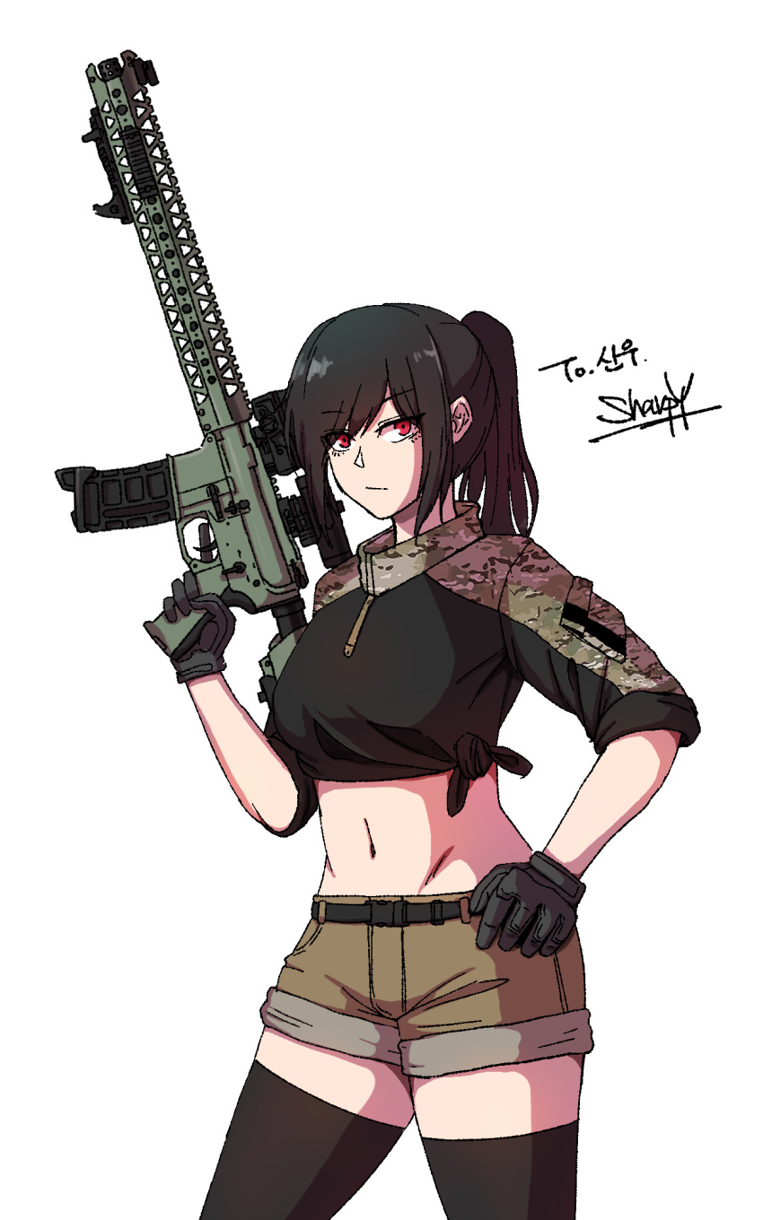 1girl bangs black_gloves black_hair black_shirt black_thighhighs breasts brown_shorts closed_mouth commission copyright_request crop_top gloves gun hand_on_hip highres holding holding_gun holding_weapon long_sleeves looking_at_viewer medium_breasts midriff navel ponytail red_eyes sharpy_(kdy000913) shirt short_shorts shorts simple_background solo thigh-highs tied_shirt trigger_discipline weapon weapon_request white_background