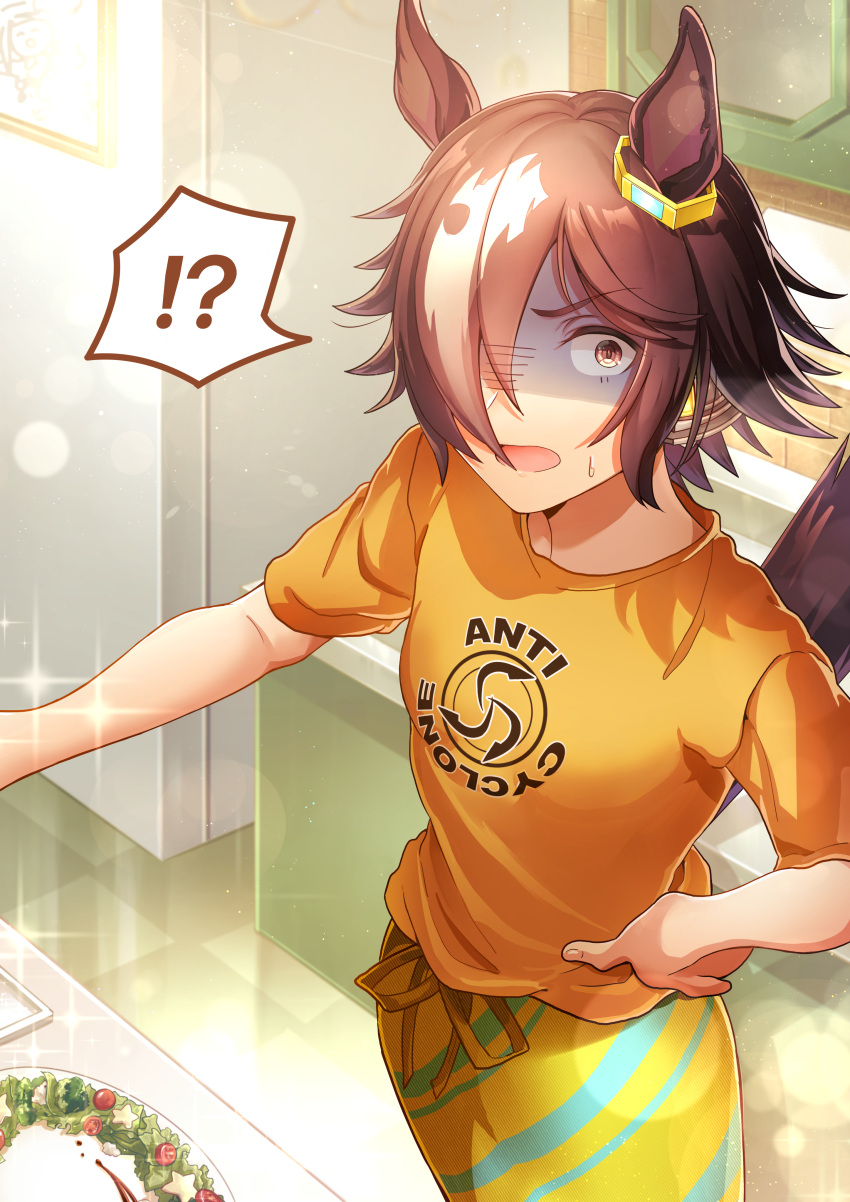 !? 1girl absurdres alternate_eye_color animal_ears bangs brown_eyes brown_hair christmas food hair_over_one_eye highres horse_ears horse_girl horse_tail indoors looking_at_viewer open_mouth orange_shirt refrigerator sanbon_hijiki shirt short_sleeves shorts solo surprised tail tavle tile_floor tiles umamusume vodka_(umamusume) yellow_shorts