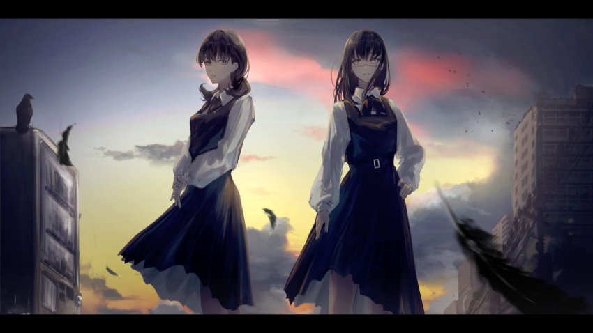 2girls arm_at_side bangs belt belt_buckle bird black_belt black_dress black_hair brown_eyes buckle building chainsaw_man clouds collared_shirt crow dress dual_persona evening eye_contact falling_feathers feathers feet_out_of_frame fuyukono grey_eyes hand_on_hip highres letterboxed long_sleeves looking_at_another low_twintails medium_hair mitaka_asa motion_blur multiple_girls neck_ribbon nervous outdoors own_hands_together parted_lips pinafore_dress ribbon ringed_eyes scar scar_on_cheek scar_on_face scenery school_uniform shirt short_twintails sky standing sweatdrop twintails war_devil_(chainsaw_man) white_shirt