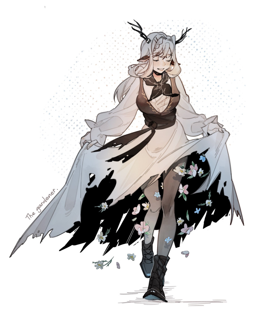 1girl alina_(arknights) animal_ears arknights black_footwear black_neckerchief black_pantyhose black_vest boots closed_eyes clothes_lift deer_antlers deer_ears deer_girl dress dress_lift grey_hair highres lifted_by_self long_hair long_sleeves neckerchief pantyhose parted_lips resul_(scripppppp) simple_background solo vest walking white_background white_dress