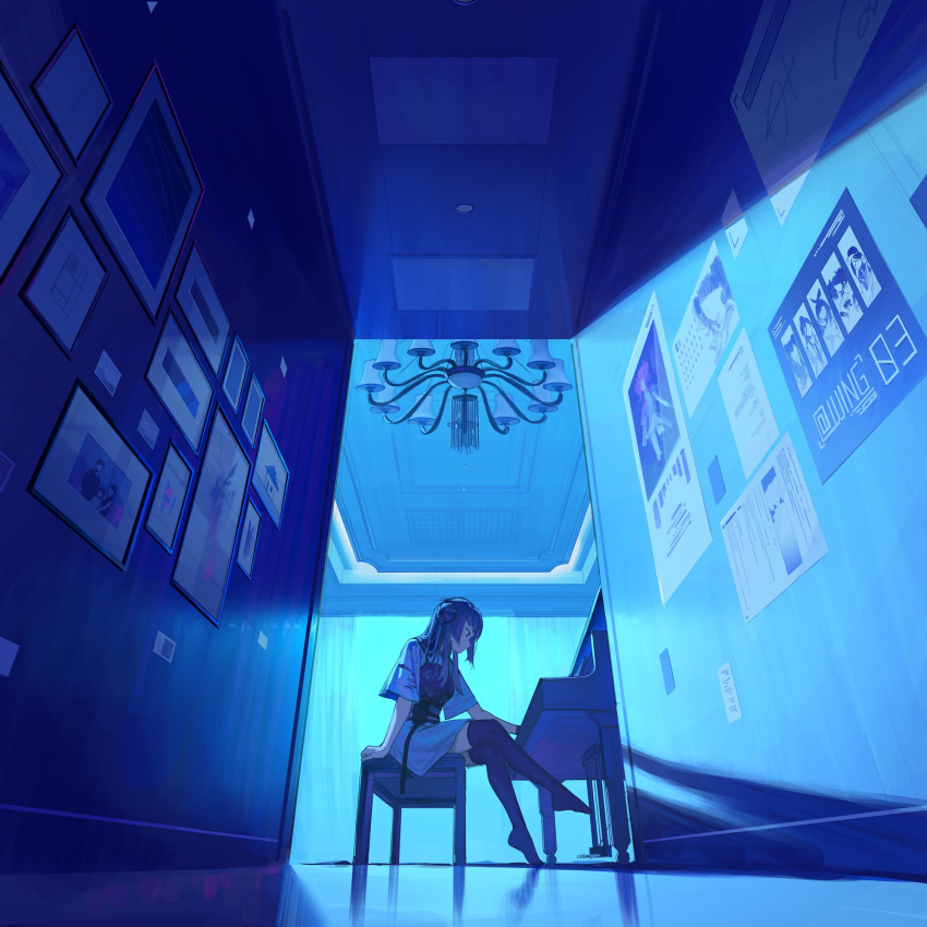 1girl arm_at_side arm_support bangs bare_arms black_hair black_thighhighs blue_theme calendar_(object) ceiling chandelier dress from_below from_side hair_bun hallway highres idolmaster idolmaster_shiny_colors indoors instrument long_hair looking_away music no_shoes outstretched_arm photo_(object) piano_bench picture_frame plantar_flexion playing_instrument playing_piano poster_(object) profile purple_hair purple_thighhighs reflective_floor short_sleeves sidelocks single_side_bun sitting solo tanaka_mamimi thigh-highs white_dress zettai_ryouiki zhili_xingzou