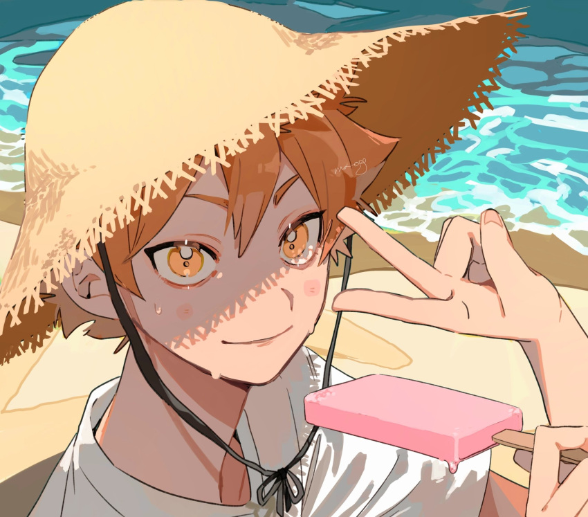 1boy bangs beach closed_mouth commentary day food haikyuu!! hair_between_eyes hat highres hinata_shouyou holding looking_at_viewer male_focus mikuwwwm orange_eyes orange_hair outdoors popsicle portrait sand shirt signature solo spiky_hair straw_hat sweat v water white_shirt