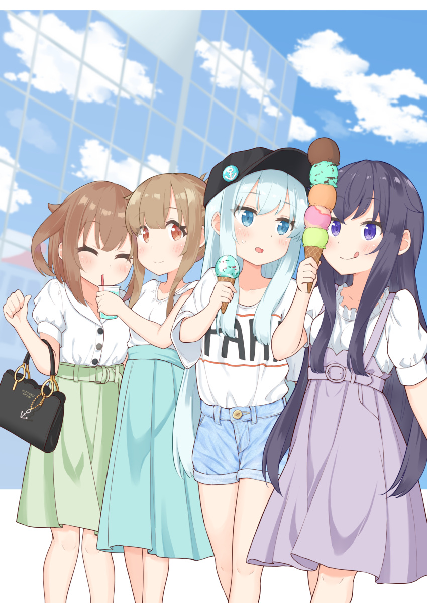4girls :q akatsuki_(kancolle) alternate_costume bag bangs black_headwear blue_eyes blush brown_hair building closed_eyes commentary_request cup day denim denim_shorts drinking_straw food hat hibiki_(kancolle) high-waist_skirt highres holding holding_cup ice_cream ice_cream_cone ikazuchi_(kancolle) inazuma_(kancolle) kantai_collection long_hair multiple_girls outdoors parted_lips purple_skirt shirt short_hair short_sleeves shorts skirt sky smile suasuri suspender_skirt suspenders sweat t-shirt tongue tongue_out too_many too_many_scoops