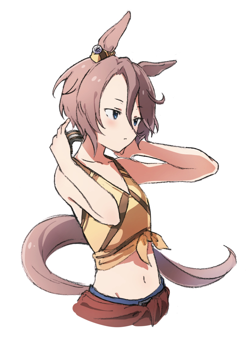 1girl absurdres amasaki333 animal_ears bare_shoulders blue_eyes brown_hair closed_mouth clothes_around_waist collarbone cropped_torso groin hair_between_eyes hands_up highres horse_ears horse_girl horse_tail horseshoe looking_afar midriff narita_taishin_(umamusume) navel shirt short_hair simple_background solo tail tank_top tied_shirt umamusume upper_body white_background yellow_shirt