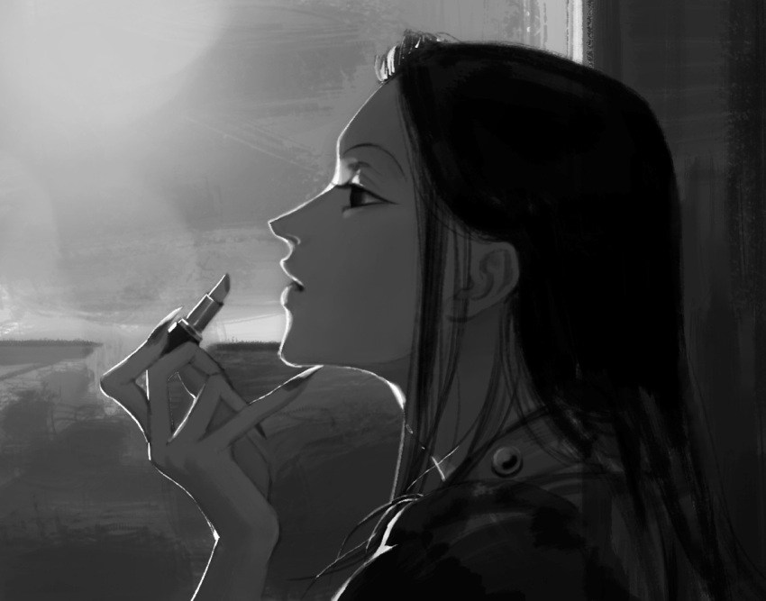 1boy adam's_apple applying_makeup cosmetics fingernails from_side greyscale holding holding_lipstick_tube hunter_x_hunter illumi_zoldyck kuhuo lipstick_tube long_fingernails long_hair looking_away male_focus monochrome nail_polish portrait profile solo straight_hair