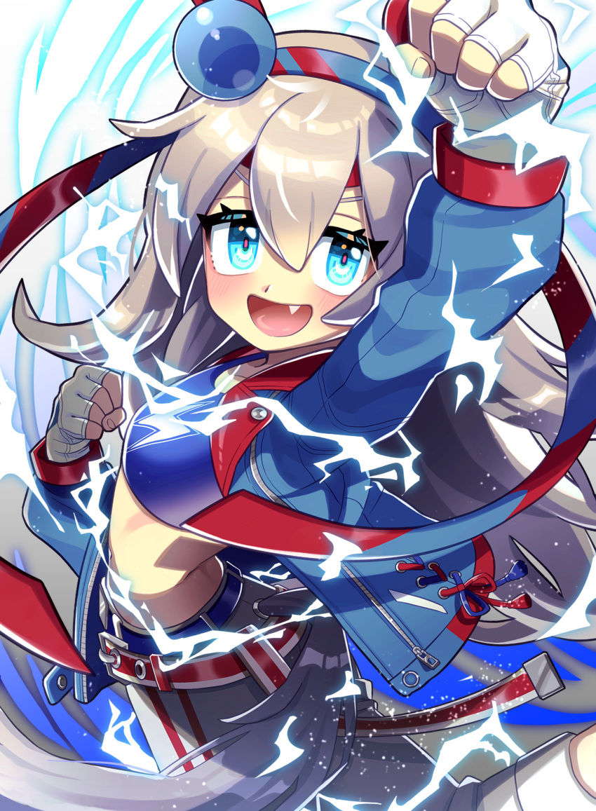 1girl animal_ears arm_up bangs belt blue_eyes blue_jacket blue_shirt clenched_hands crop_top electricity fang fingerless_gloves gloves grey_hair hairband headband highres horse_ears horse_girl horse_tail jacket long_hair long_sleeves looking_at_viewer midriff open_clothes open_jacket open_mouth pants shirt smile solo tail tamamo_cross_(umamusume) umamusume white_gloves white_pants yamamoto_bc