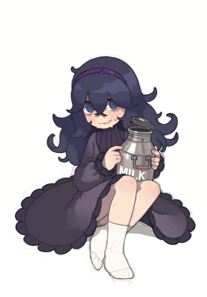 1girl @_@ absurdres bangs black_hair blue_eyes blush child container crossed_ankles dress female_child hairband hex_maniac_(pokemon) high_collar highres holding knees_up long_hair long_sleeves messy_hair milk opossumachine pokemon pokemon_(game) pokemon_xy smile socks solo sweat