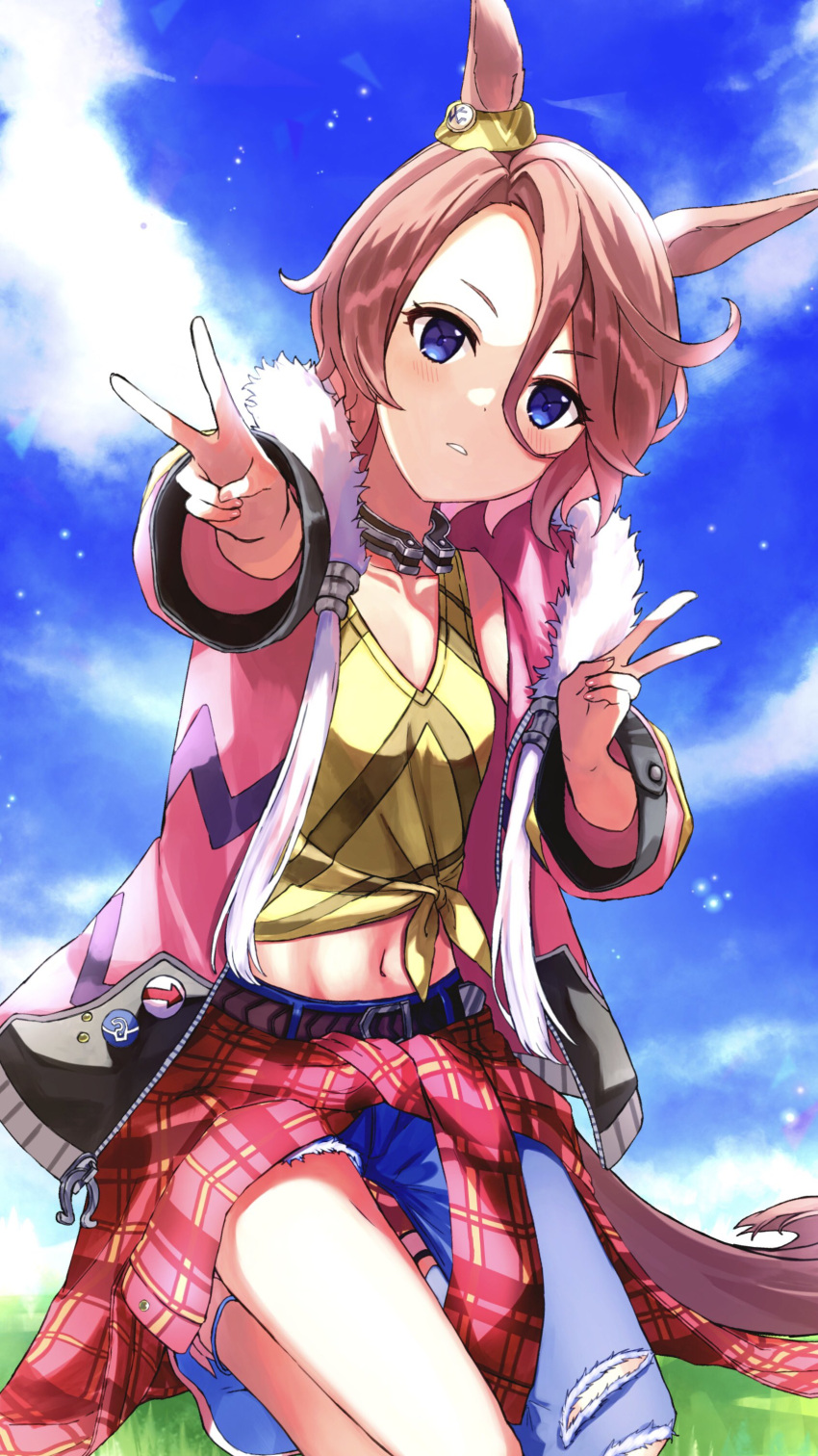1girl absurdres amasaki333 animal_ears asymmetrical_clothes bangs belt blue_eyes blush breasts brown_hair clothes_around_waist clouds denim double_v fur-trimmed_jacket fur_trim hair_between_eyes hand_up highres horse_ears horse_girl horse_tail horseshoe jacket jeans kneeling long_sleeves midriff narita_taishin_(umamusume) navel outdoors pants parted_bangs parted_lips pink_jacket reaching_out shirt shoes short_sleeves single_pantsleg small_breasts solo tail tank_top tied_shirt torn_clothes torn_jeans torn_pants umamusume v yellow_shirt