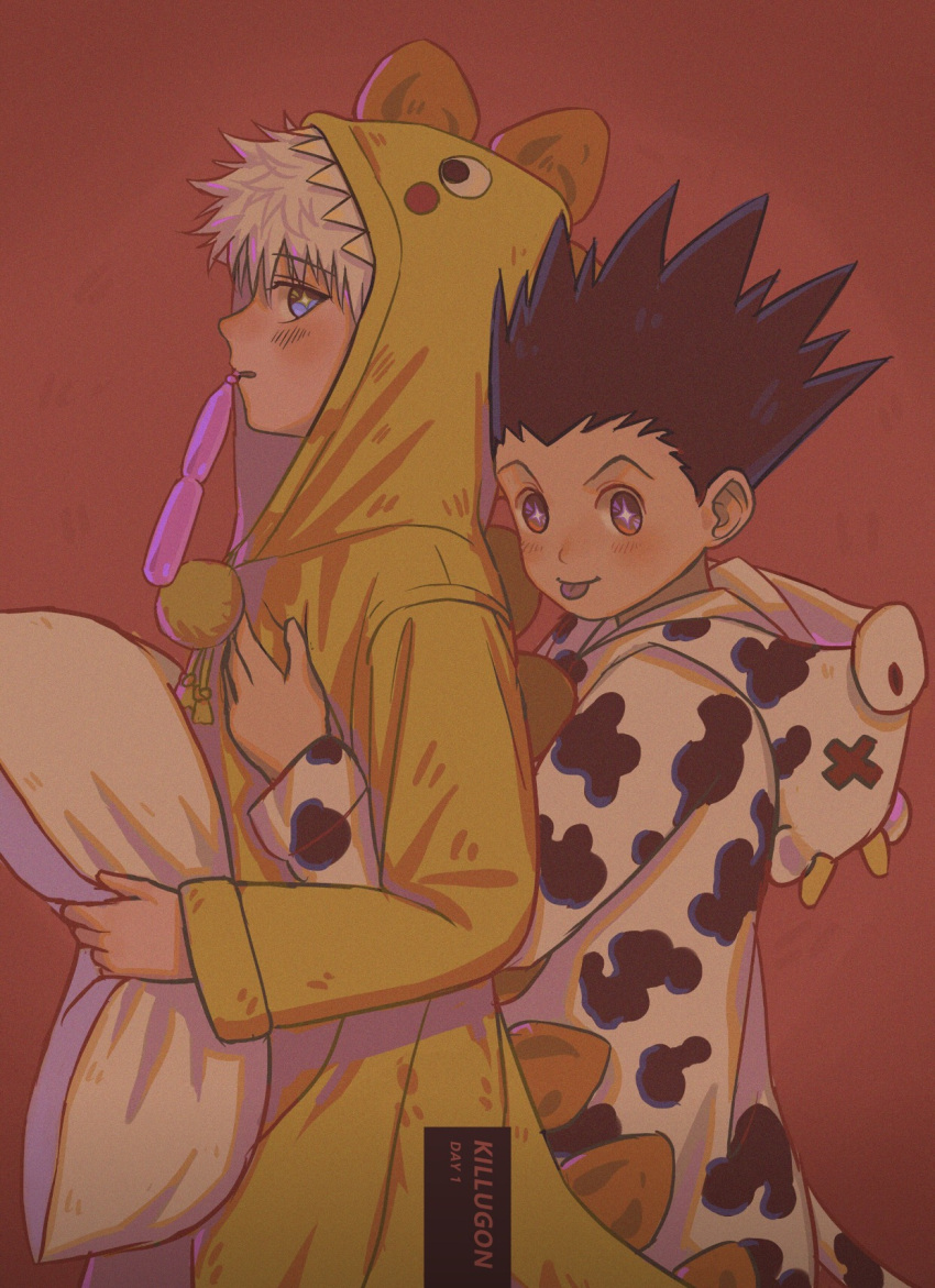 2boys :o animal_costume bangs black_hair blue_eyes blush character_name commentary cow_costume dinosaur_costume drawstring food_in_mouth from_side gon_freecss hand_up highres holding holding_pillow hood hood_down hood_up hug hug_from_behind hunter_x_hunter killua_zoldyck long_sleeves looking_at_viewer luye_yuan male_focus mouth_hold multiple_boys pillow pom_pom_(clothes) profile red_background short_hair spiky_hair symbol-only_commentary upper_body violet_eyes white_hair widow's_peak