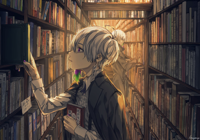 2boys artist_name book bookshelf character_request collared_shirt commentary_request copyright_request earrings from_side gloves highres holding holding_book jewelry library long_sleeves looking_at_object male_focus mugi_oyasumi multiple_boys nail_polish purple_nails shirt short_hair signature suspenders trench_coat violet_eyes white_hair