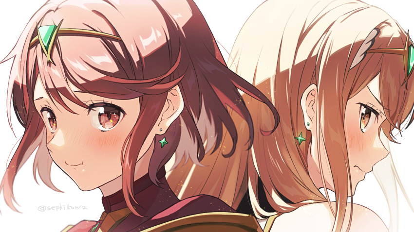 2girls :i bangs blonde_hair blush brown_eyes closed_mouth earrings hair_between_eyes headpiece highres jewelry long_hair looking_at_viewer multiple_girls mythra_(xenoblade) portrait pout pyra_(xenoblade) red_eyes redhead sephikowa short_hair simple_background tiara twitter_username white_background xenoblade_chronicles_(series) xenoblade_chronicles_2