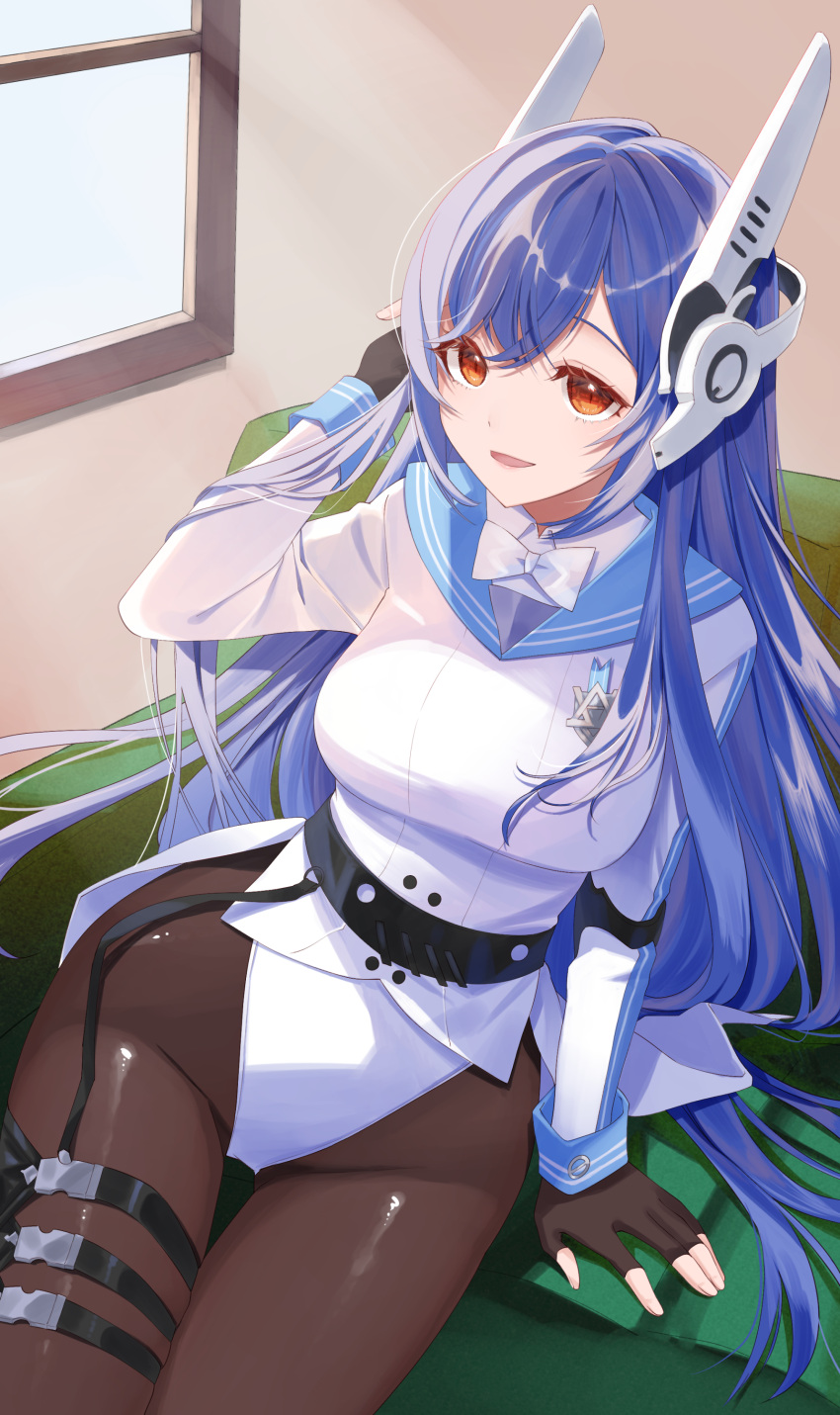 1girl absurdres blue_hair bow bowtie breasts brown_pantyhose couch girls_frontline hair_between_eyes hexagram highres hoshikani indoors jacket large_breasts leotard long_hair long_sleeves looking_at_viewer open_mouth pantyhose red_eyes robot_ears side-tie_leotard sitting smile solo star_of_david sunlight tar-21_(girls'_frontline) white_bow white_leotard window yellow_eyes