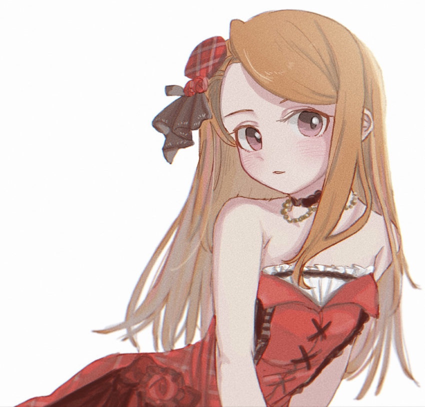 1girl alternate_hairstyle bare_shoulders blush brown_hair commentary_request dress highres idolmaster idolmaster_million_live! jewelry long_hair looking_at_viewer miyao_miya necklace parted_lips pearl_necklace portrait pppp9199 red_dress shadow simple_background solo strapless strapless_dress white_background
