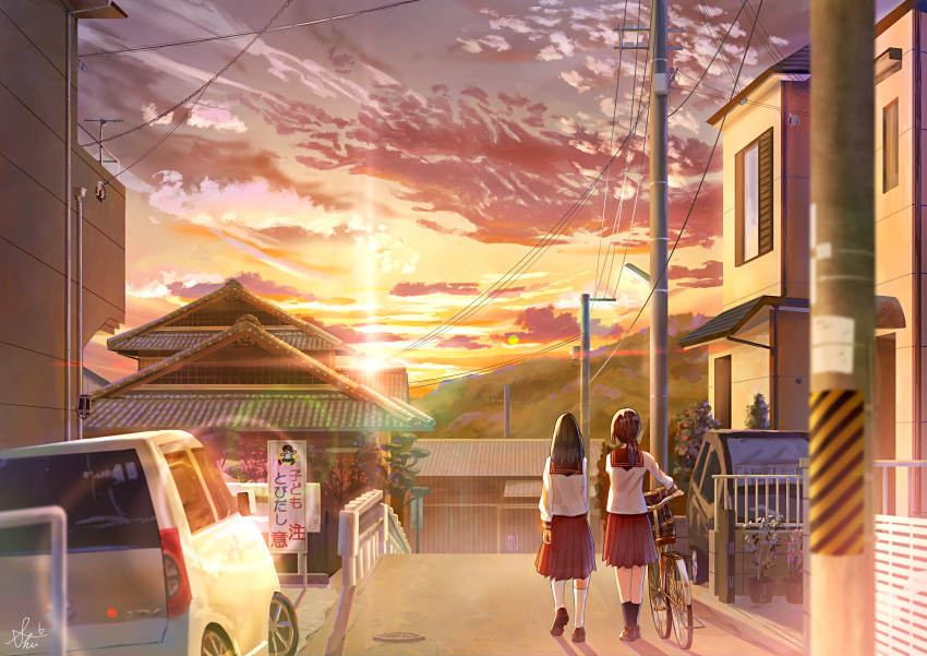 2girls absurdres architecture bicycle black_hair black_socks blurry blurry_foreground brown_hair building car clouds east_asian_architecture from_behind ground_vehicle highres house kneehighs lens_flare long_hair long_sleeves manhole_cover motor_vehicle mountain multiple_girls original power_lines red_skirt road scenery school_uniform shirt shurock signature skirt sky socks street sunset utility_pole walking white_shirt white_socks