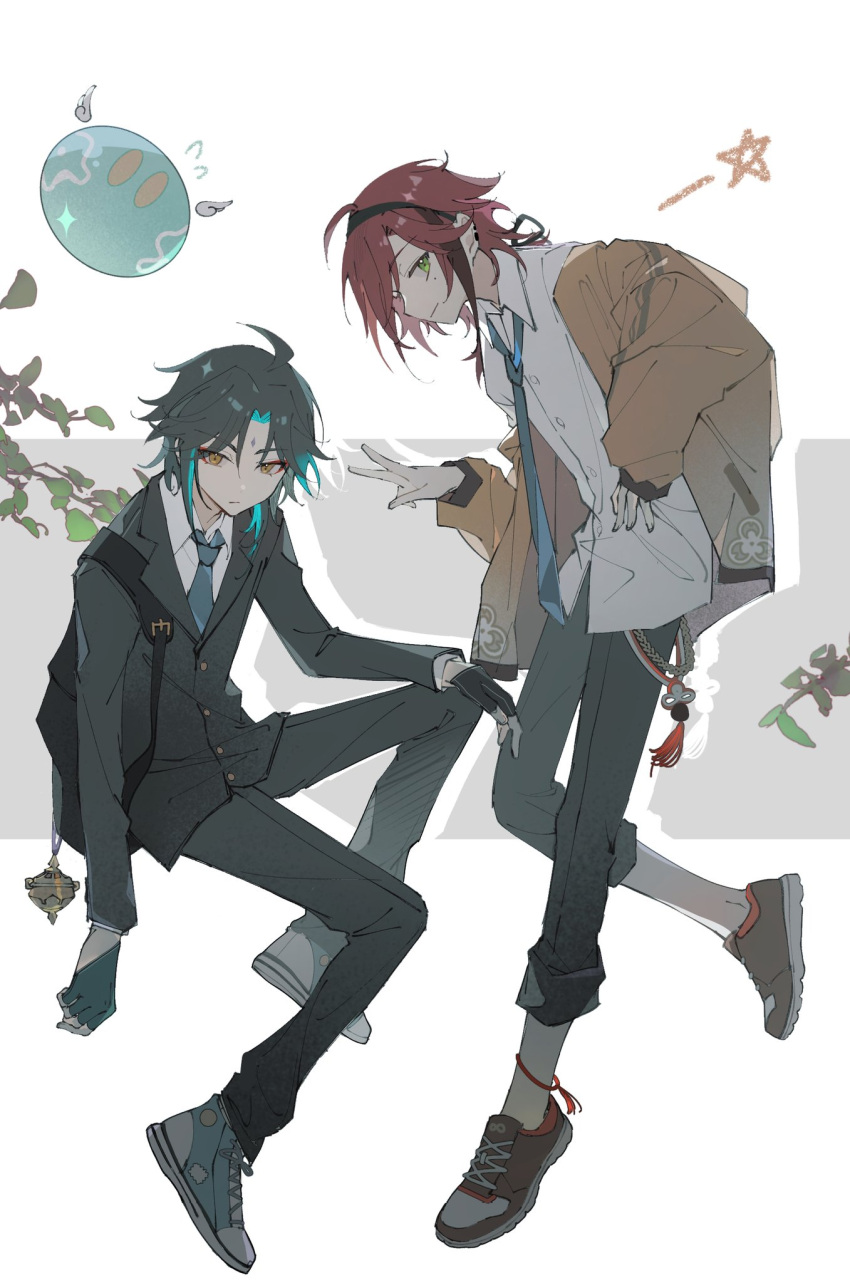 2boys ahoge alternate_costume angry anklet backpack beauty_mark black_hair brown_hair contemporary dress_shirt fingerless_gloves forehead_mark genshin_impact gloves green_eyes green_hair hair_ribbon hairband jacket long_hair necktie open_jacket pants_rolled_up plant ponytail redhead school_uniform shikanoin_heizou short_hair simple_background sleeves_past_wrists slime_(genshin_impact) smile sneakers suit two-tone_hair white_background xiao_(genshin_impact) yellow_eyes yue_(shemika98425261)