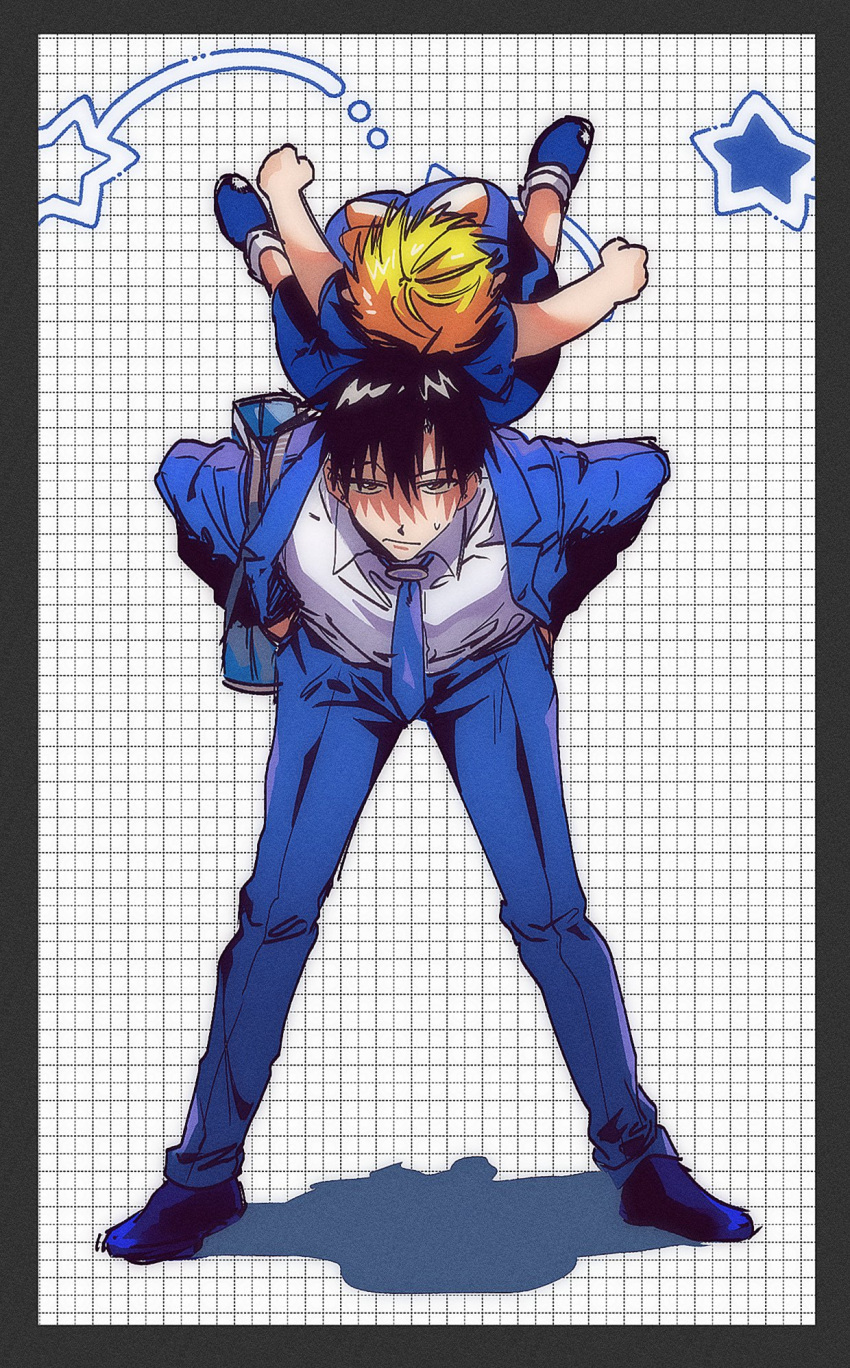 2boys black_hair blonde_hair blue_dress blue_footwear blue_jacket blue_necktie blue_pants border bow bowtie child closed_mouth collared_shirt commentary_request dress formal gash_bell grey_border grid_background hair_between_eyes hands_on_hips highres jacket konjiki_no_gash!! korean_commentary long_sleeves looking_at_viewer male_child male_focus multiple_boys necktie open_clothes open_jacket pants shadow shirt shoes short_hair short_sleeves simple_background standing star_(symbol) suit suit_jacket takamine_kiyomaro wangcheolgab white_background white_bow white_bowtie white_shirt