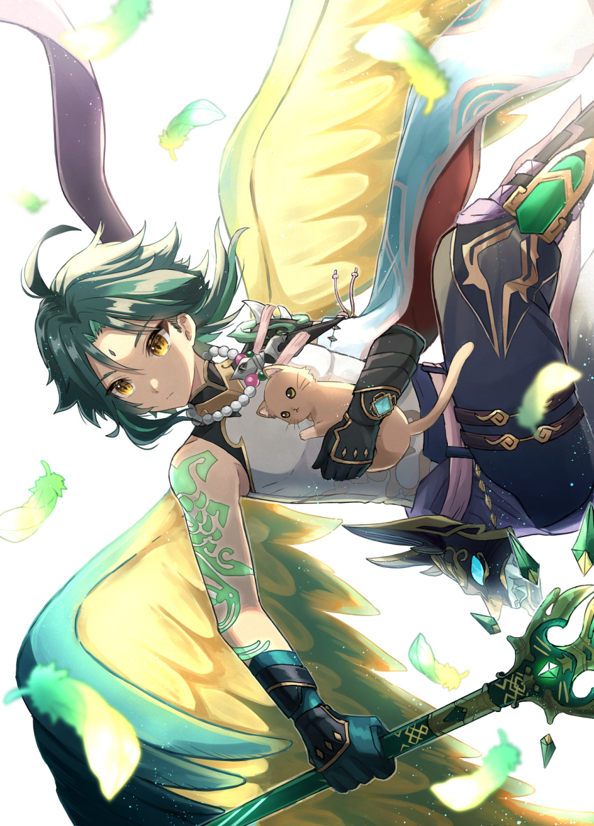 1boy ahoge animal aqua_hair arm_tattoo asymmetrical_sleeves bangs bare_shoulders bead_necklace beads black_pants blue_gloves cat closed_mouth commentary_request detached_sleeves diamond-shaped_pupils diamond_(shape) expressionless facial_mark falling_feathers feathered_wings feathers forehead_mark genshin_impact gloves gold_trim green_hair highres holding holding_animal holding_polearm holding_weapon jewelry long_sleeves looking_away male_focus mask mask_removed multicolored_hair necklace pants parted_bangs polearm primordial_jade_winged-spear_(genshin_impact) shirt short_hair sidelocks sideways single_detached_sleeve sleeveless sleeveless_shirt solo streaked_hair su34ma symbol-shaped_pupils tassel tattoo vision_(genshin_impact) weapon white_background white_shirt wide_sleeves wings xiao_(genshin_impact) yellow_eyes