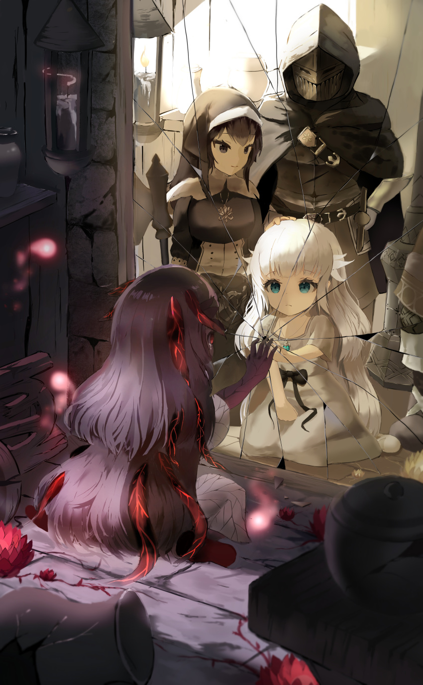 1boy 3girls absurdres armor bangs black_eyes black_hair blue_eyes broken_glass character_request cloak closed_mouth different_reflection ender_lilies_quietus_of_the_knights full_armor full_body glass highres hood hooded_cloak indoors knight lily_(ender_lilies) long_hair looking_at_another mirror mixed-language_commentary multiple_girls nerkia purple_hair reflection short_sleeves sitting smile standing umbral_knight_(ender_lilies) white_hair