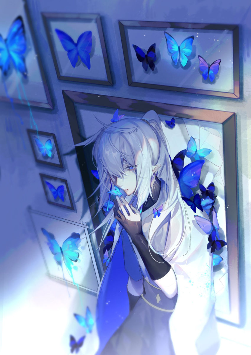 1boy bishounen black_gloves blue_eyes blurry bug butterfly butterfly_on_hand cape cowboy_shot depth_of_field fingerless_gloves framed_insect gloves grey_hair hair_over_one_eye high_ponytail highres insect_collection light_rays looking_down male_focus mimizuku_(sky:_children_of_the_light) picture_frame pointy_hair ponytail sky:_children_of_the_light solo sparkle template white_hair yucha29109
