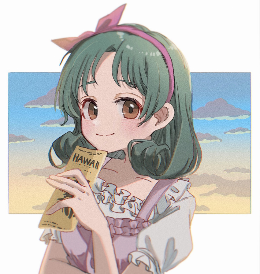 1girl blush brown_eyes green_hair headband highres holding idolmaster idolmaster_million_live! looking_at_viewer outside_border pink_headband portrait pppp9199 smile solo tokugawa_matsuri