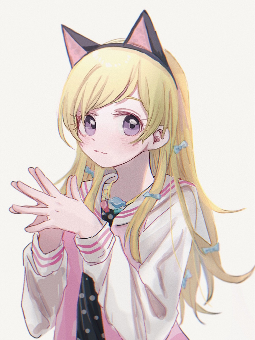 1girl :3 animal_ear_headwear animal_ears blonde_hair blue_bow bow cat_ear_hairband cat_ears character_request dress hair_bow hairband highres idolmaster idolmaster_million_live! long_hair own_hands_together portrait pppp9199 sailor_collar sailor_dress simple_background solo violet_eyes white_background
