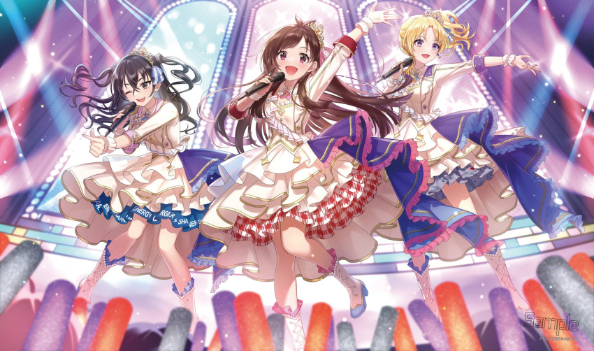 3girls ankle_boots blush boots brown_hair dress finger_heart highres holding holding_microphone idol idolmaster idolmaster_cinderella_girls kiryu_tsukasa_(idolmaster) layered_dress light_particles light_stick looking_at_viewer mairo microphone multiple_girls outstretched_arm sample_watermark second-party_source smile stage stage_lights sunazuka_akira tiara tsujino_akari wrist_cuffs